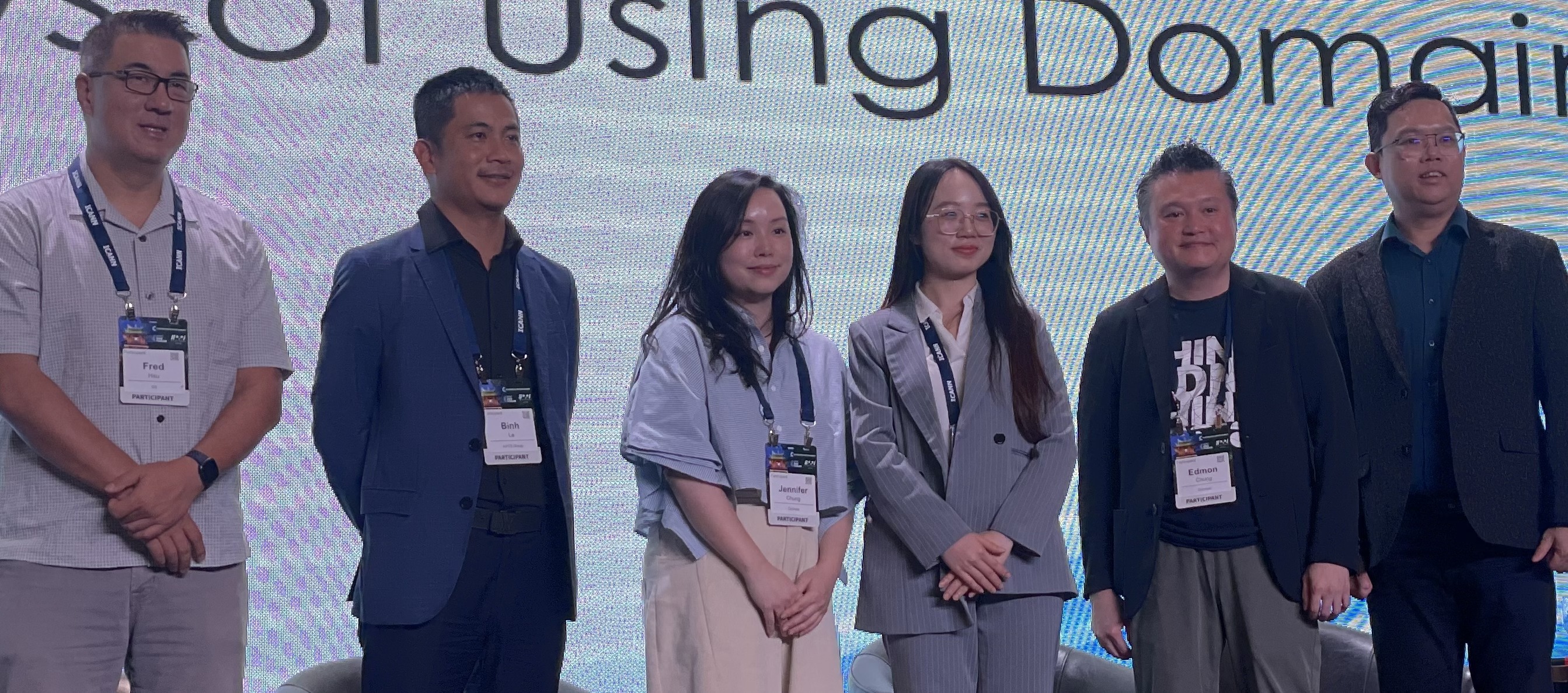 Photo: L-R: Fred Hsu, CEO of D3, Le Hai Binh, President of MatBao, Jennifer Chung, VP of Policy for DotAsia, Pham Thu Ngan from NetMission, Edmon Chung, CEO of DotAsia, and Henry Tye, CEO of BigDomain Malaysia, facilitated the brainstorm for GoCreate! Domain Innovations, on 8 May 2025.